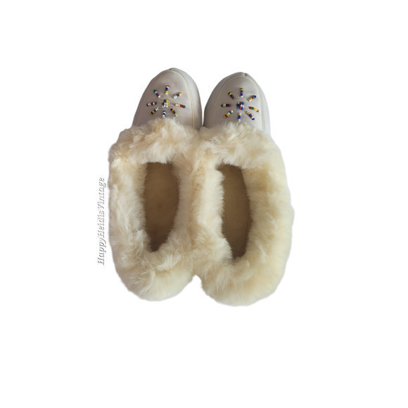 Vintage Sioux Mex Off White Fur Lined Beaded Cozy Comfy Style‎ Slippers - Picture 5 of 10